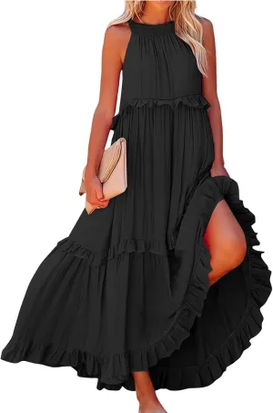 2025 Plus Size Summer Dresses for Women,Sleeveless Halter Casual Pleated Tiered Flowy Beach Vacation Long Dresses Sundress