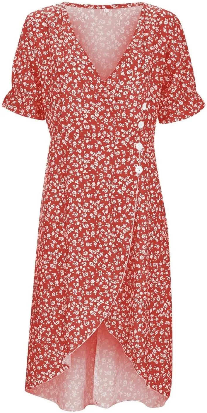 Beach Dresses for Women 2025 Spring Trendy Elegant Wrap V Neck Floral Boho Sundress High-Low Hem Flowy Midi Dress