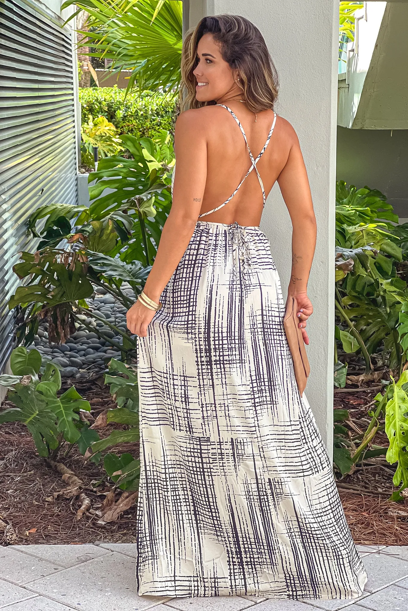 Black And White Printed Halter Neck Maxi Dress With Slit
