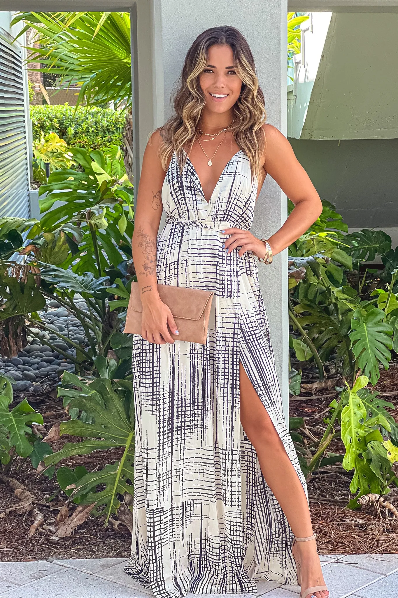 Black And White Printed Halter Neck Maxi Dress With Slit