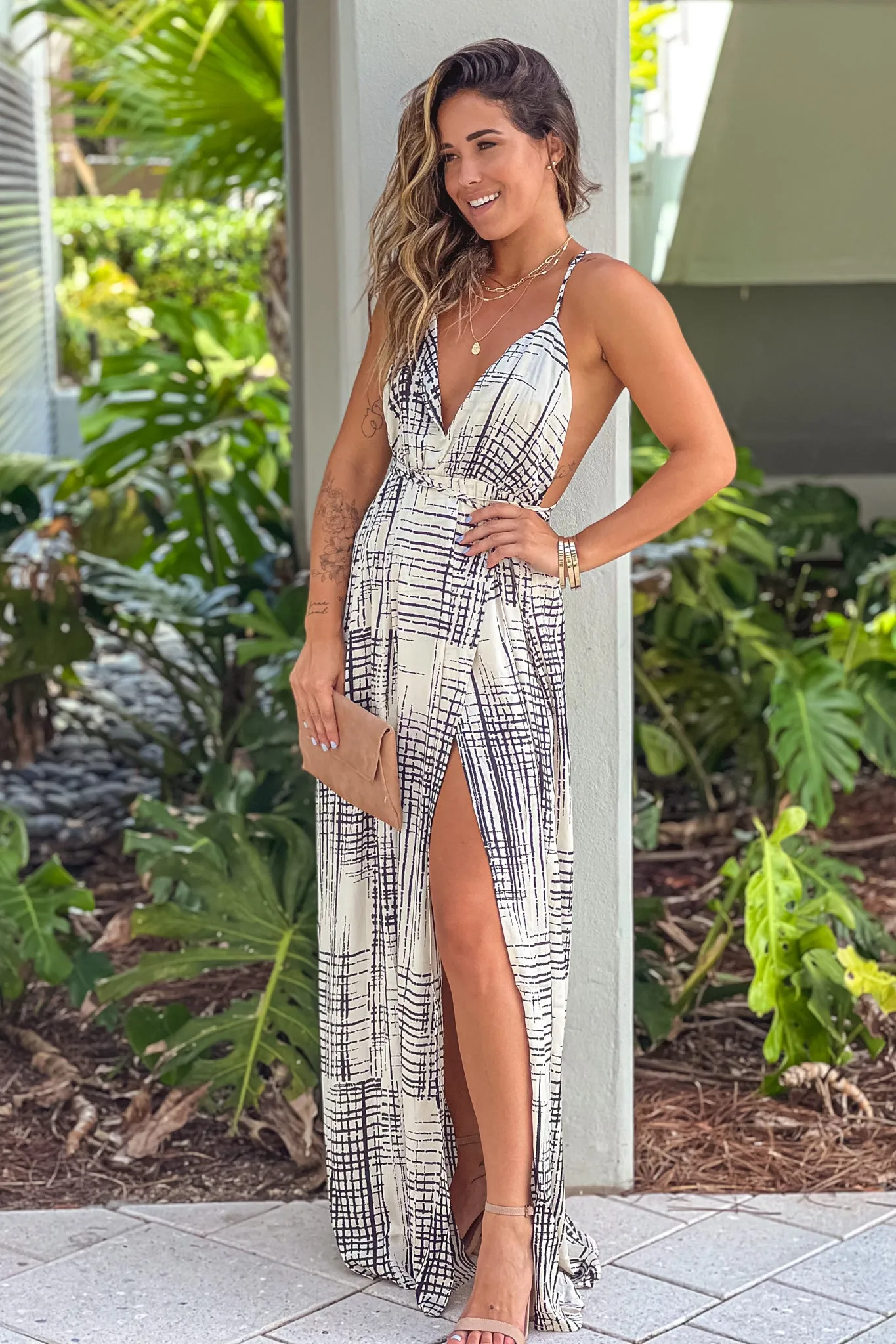 Black And White Printed Halter Neck Maxi Dress With Slit