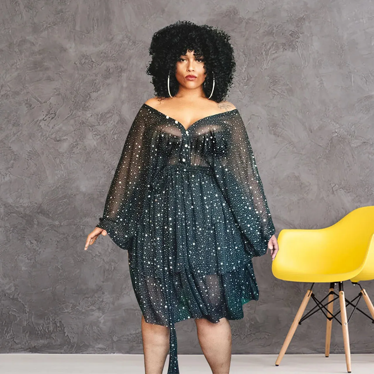 Black Glitter Mesh Evening Plus Size Dress