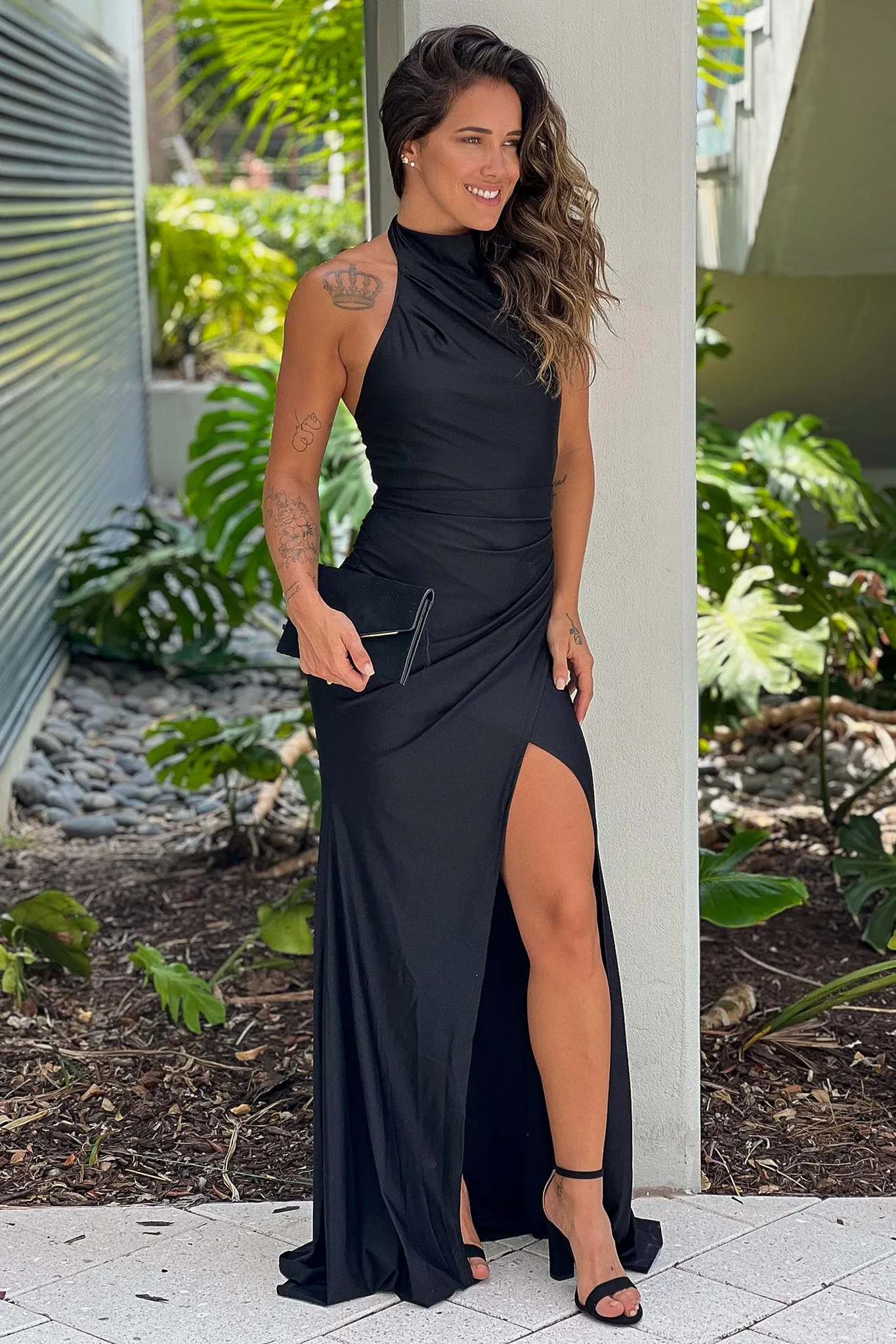 Black Halter Maxi Dress With Slit