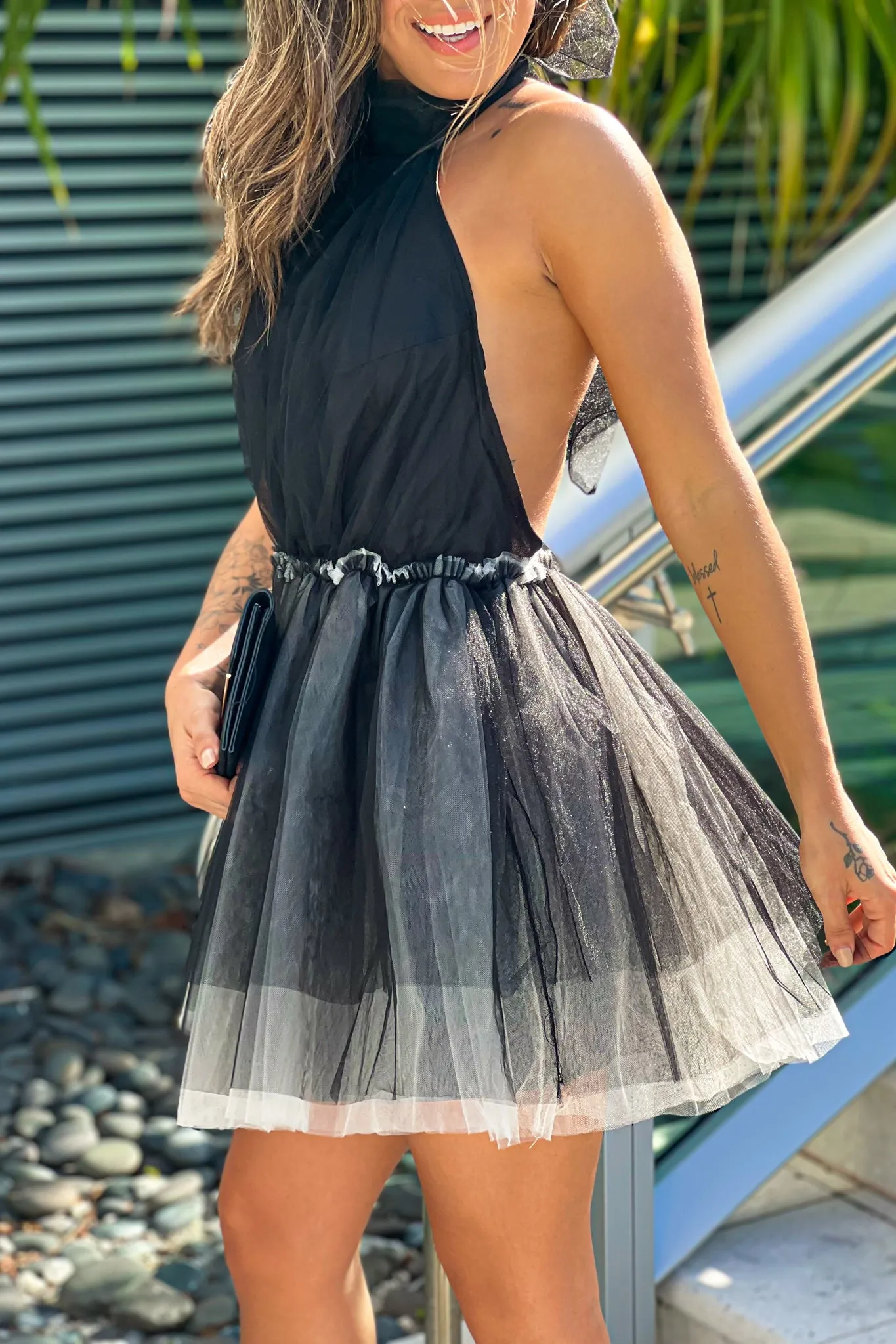 Black Halter Neck Open Back Mesh Short Dress