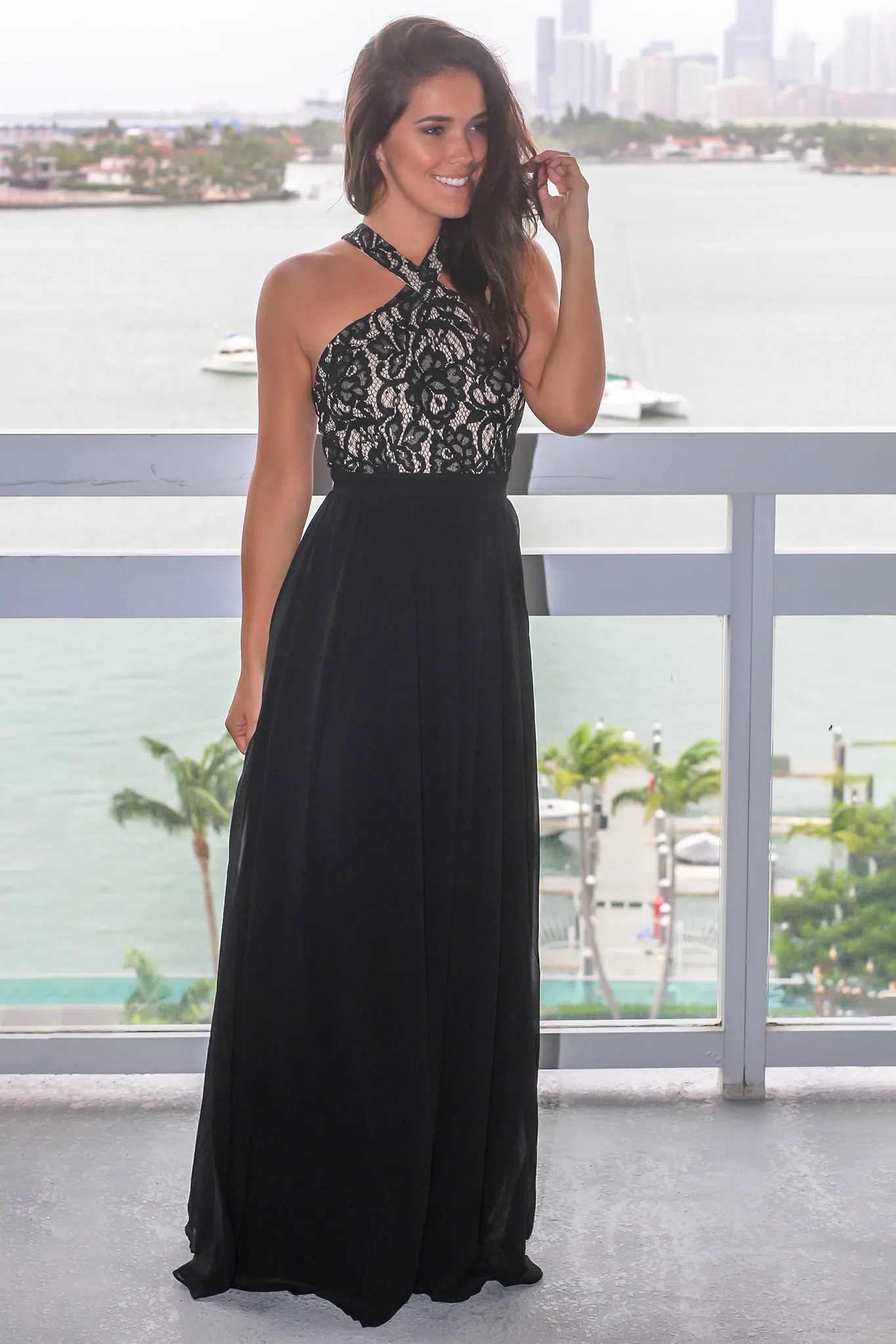 Black Maxi Dress with Halter Neck Lace Top