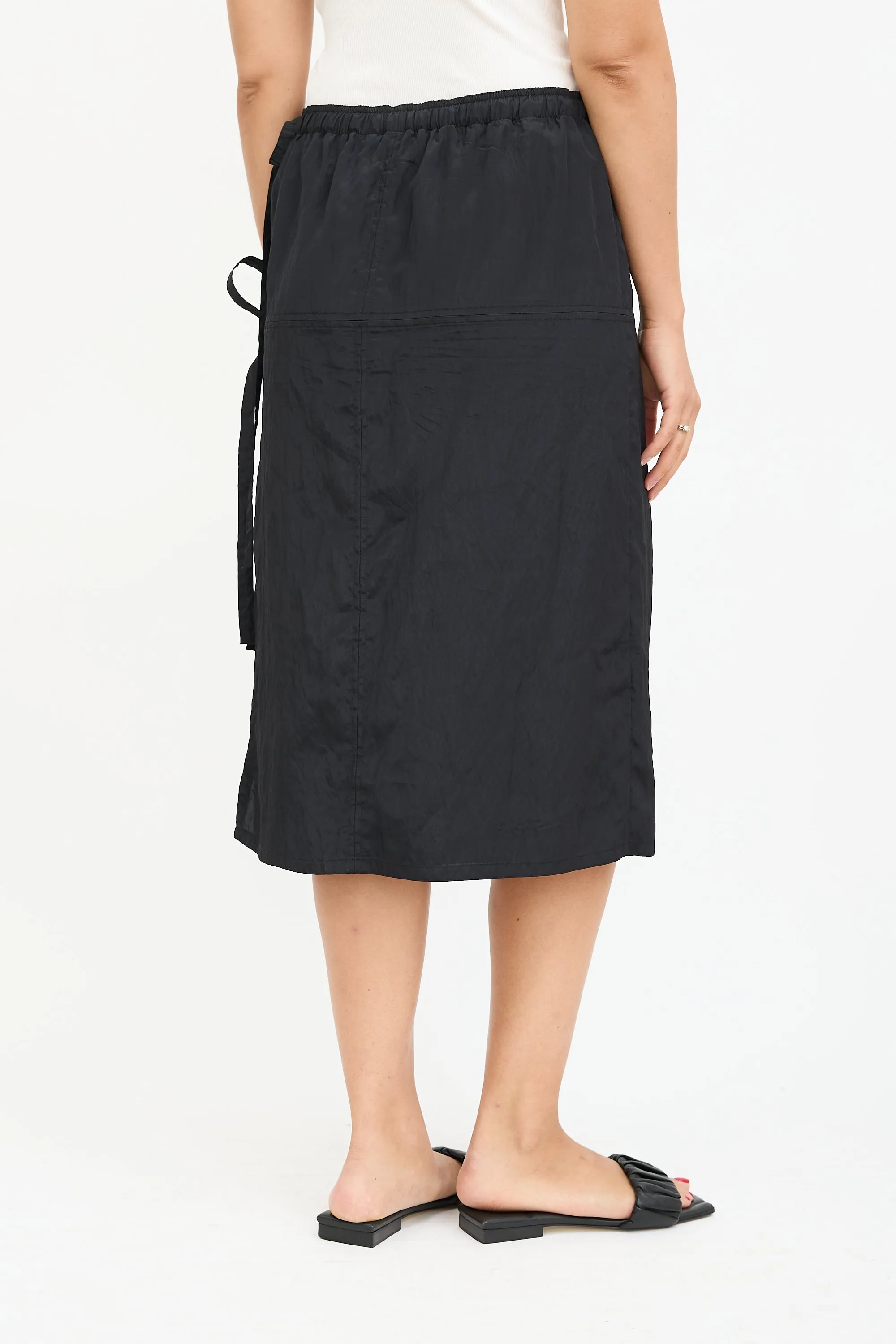 Black Nylon Wrap Midi Skirt