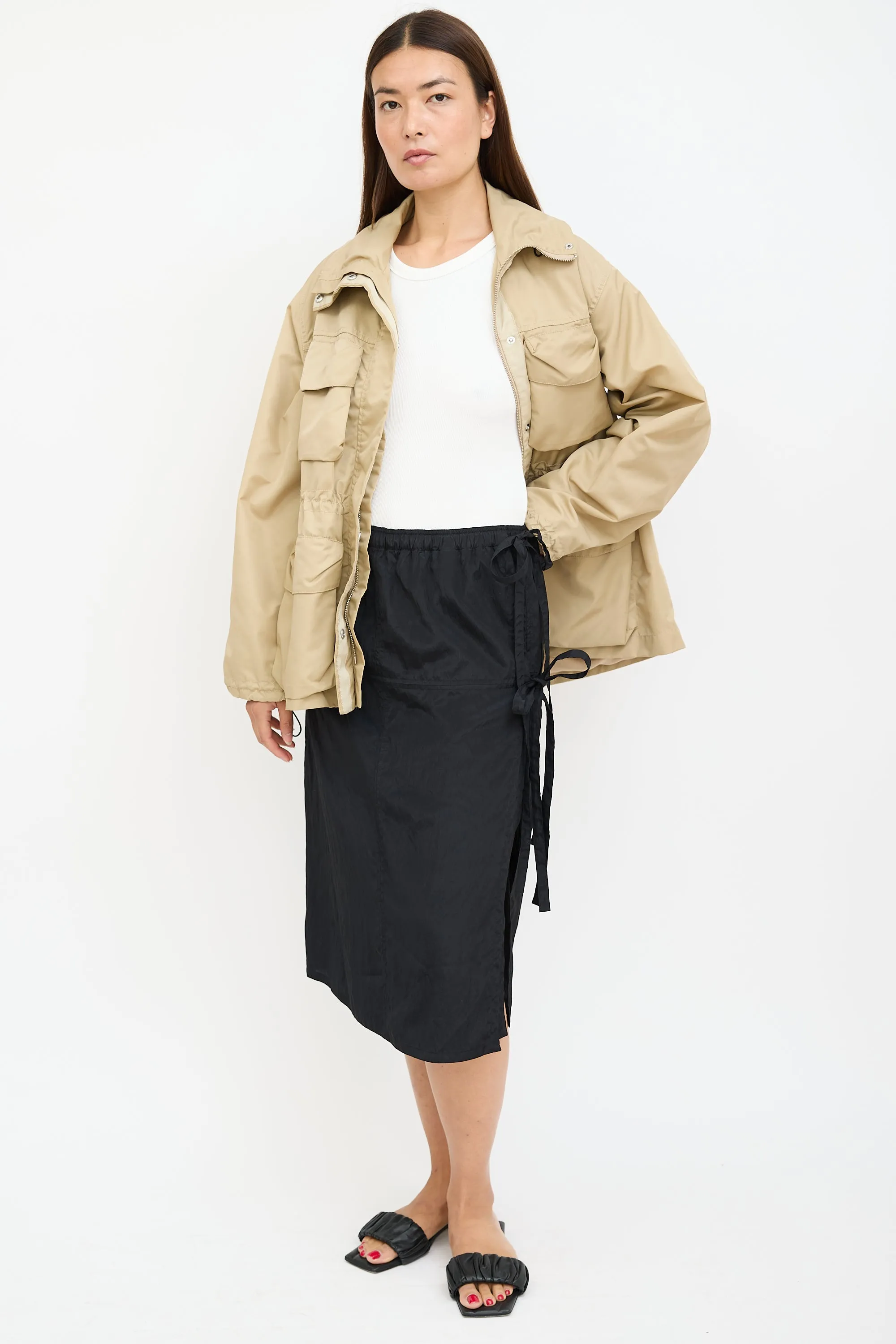 Black Nylon Wrap Midi Skirt