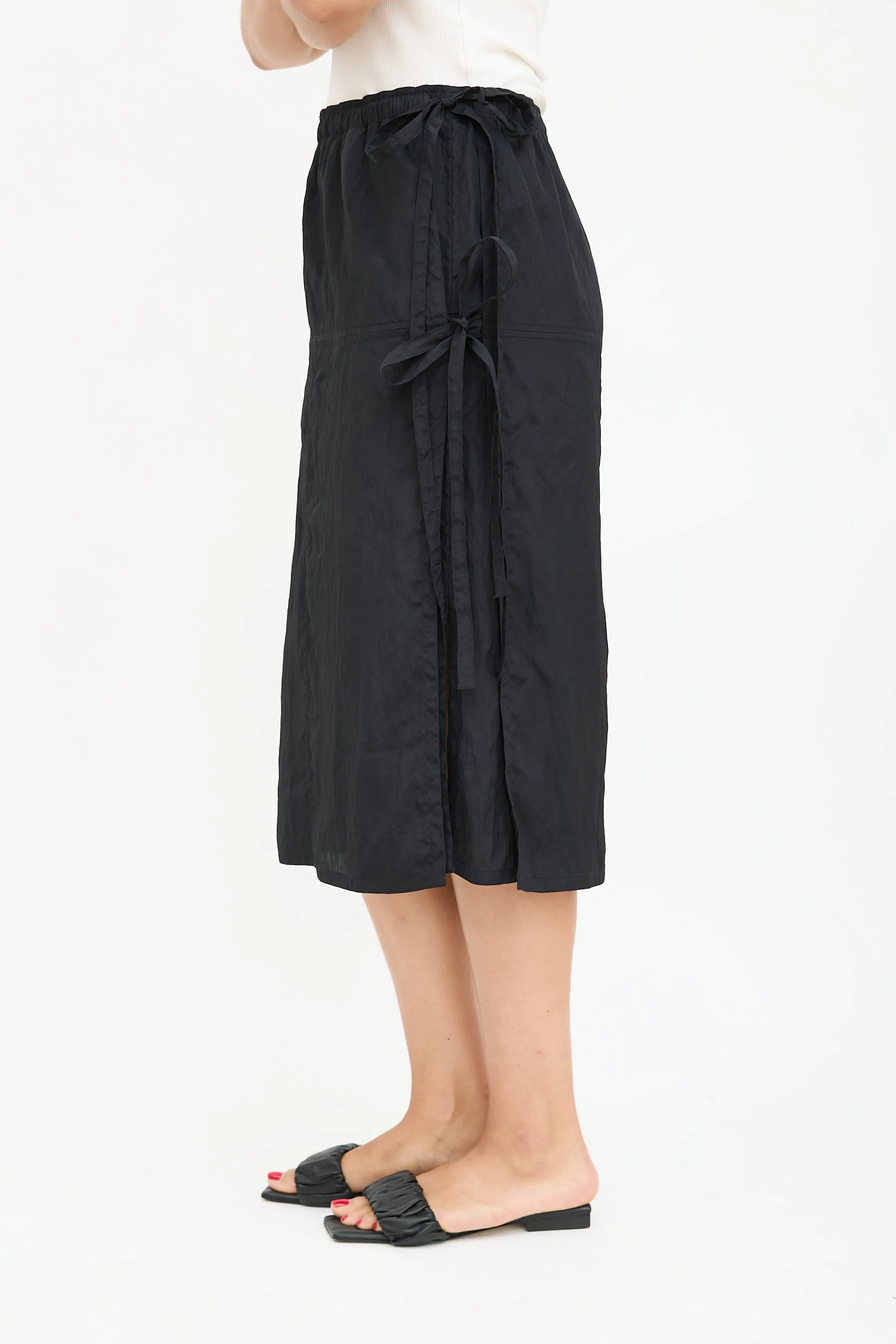 Black Nylon Wrap Midi Skirt