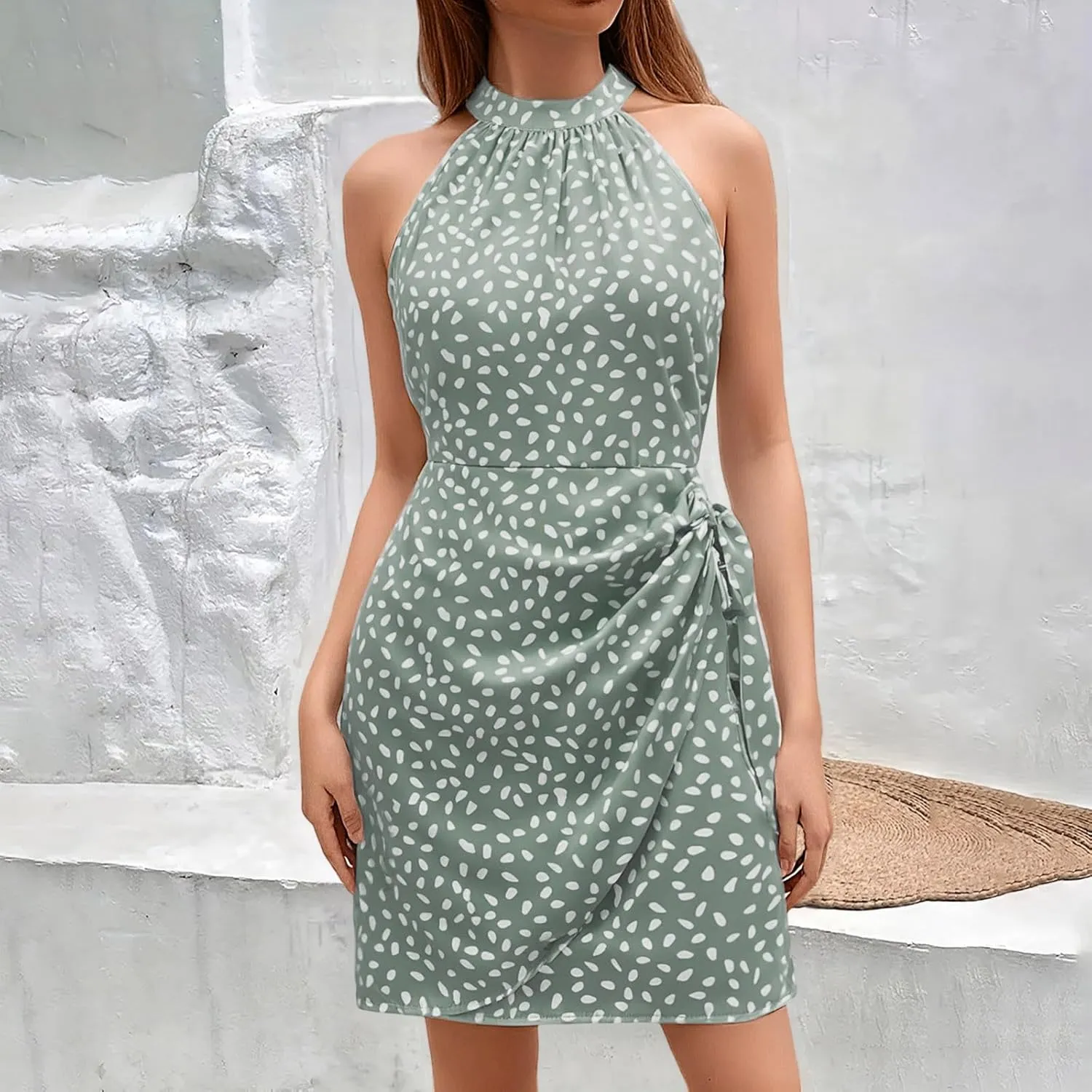 Boho Mini Dresses for Women 2025 Floral Sleeveless Halter Neck Empire Waist Semi Formal Dress Evening Cocktail Party Sundress