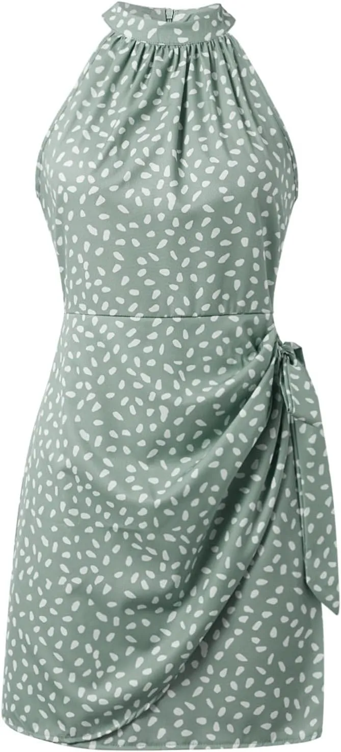 Boho Mini Dresses for Women 2025 Floral Sleeveless Halter Neck Empire Waist Semi Formal Dress Evening Cocktail Party Sundress