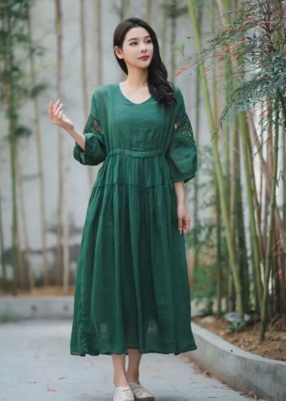 Chic Green Embroideried Hollow Out Patchwork Linen Dresses Summer LY2555