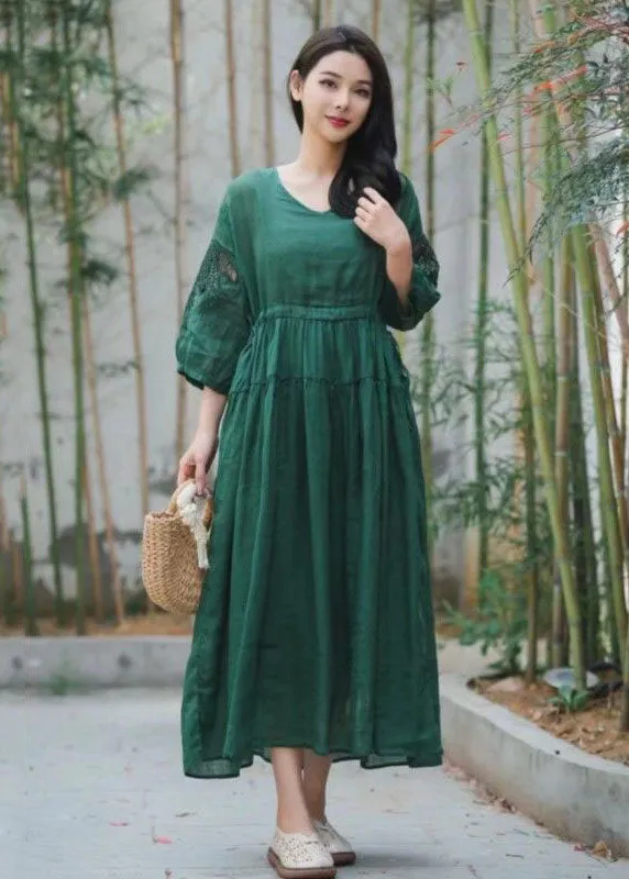 Chic Green Embroideried Hollow Out Patchwork Linen Dresses Summer LY2555