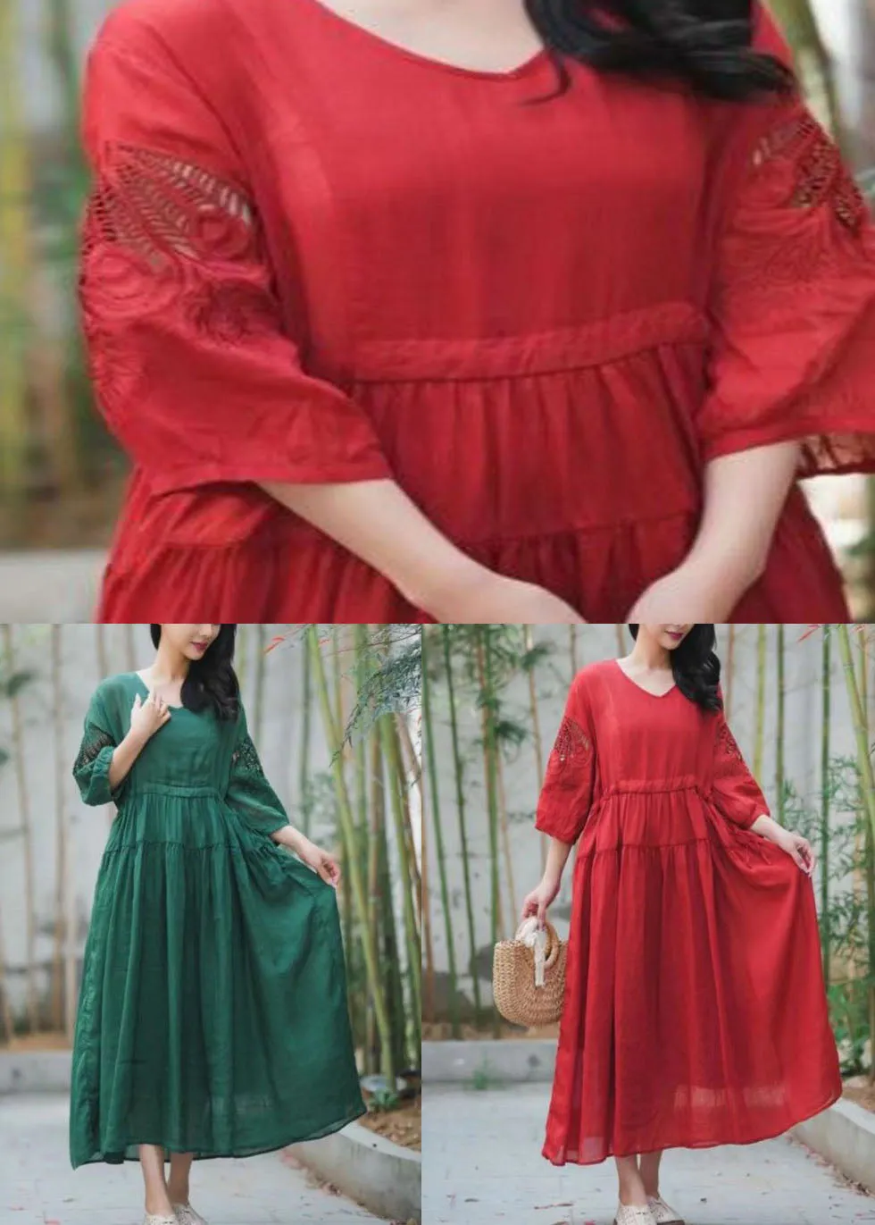 Chic Green Embroideried Hollow Out Patchwork Linen Dresses Summer LY2555