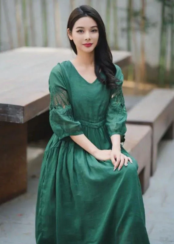 Chic Green Embroideried Hollow Out Patchwork Linen Dresses Summer LY2555