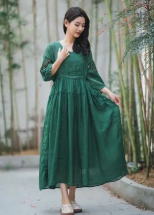 Chic Green Embroideried Hollow Out Patchwork Linen Dresses Summer LY2555