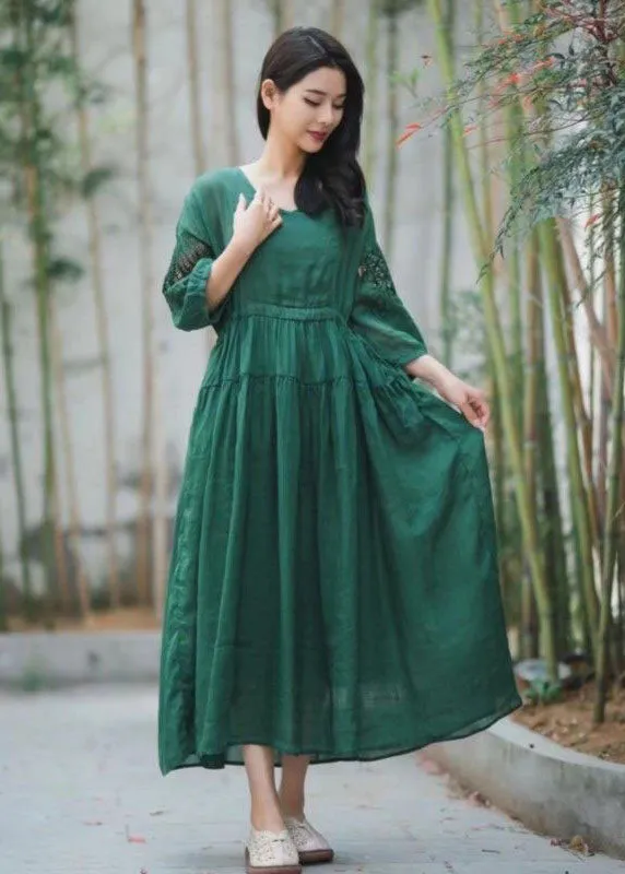 Chic Green Embroideried Hollow Out Patchwork Linen Dresses Summer LY2555