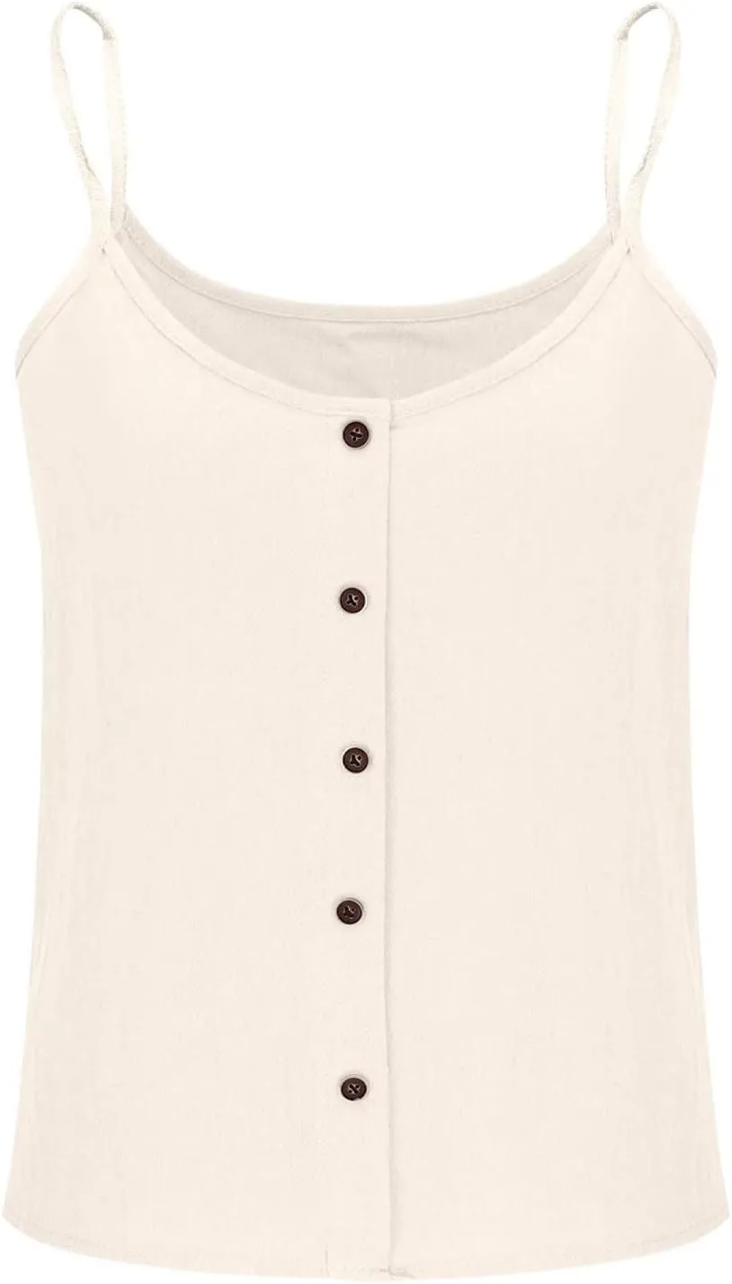 Cotton Linen Tank Tops for Women Button V Neck Spaghetti Strap Tunic Tank 2025 Loose Casual Summer Comfy Clothes