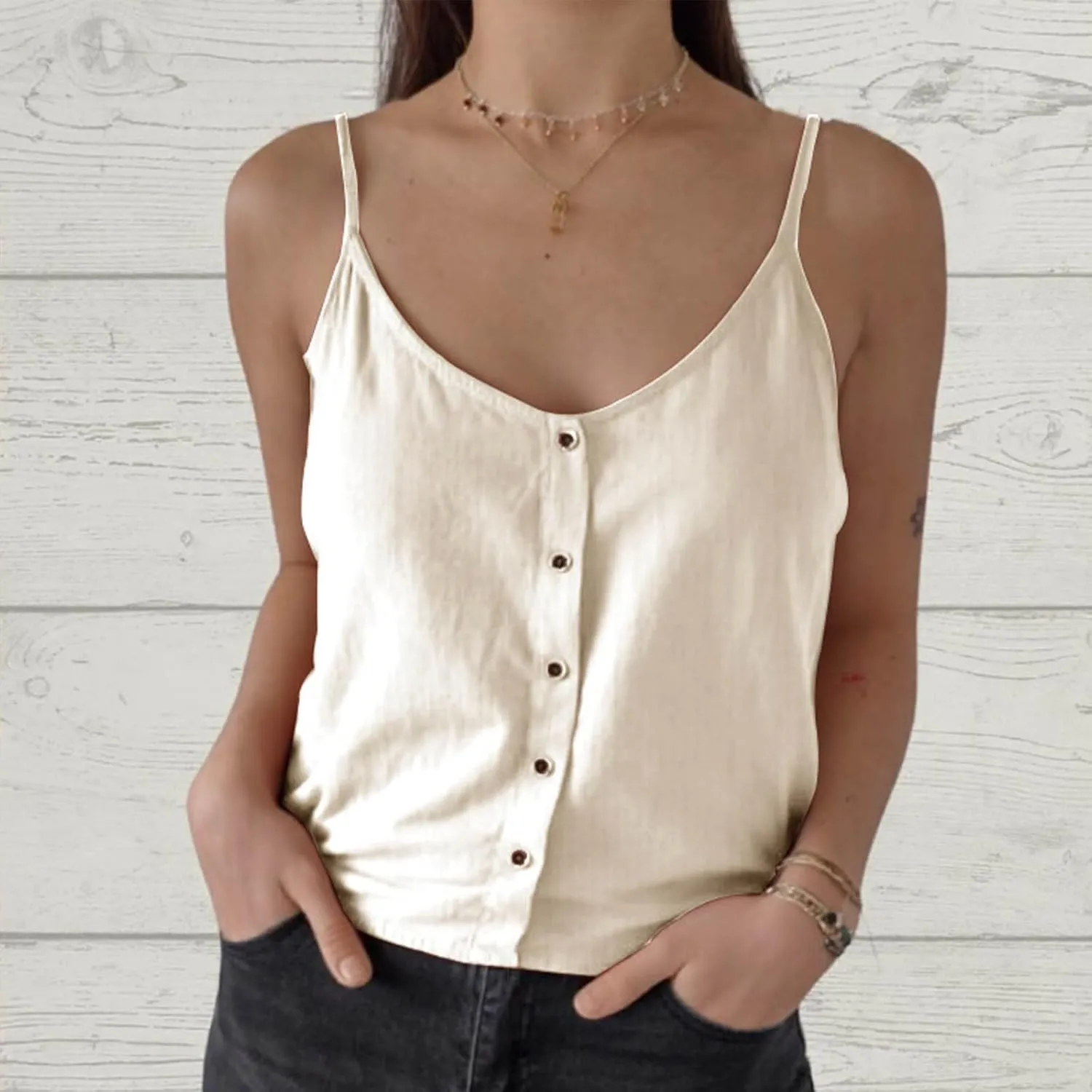 Cotton Linen Tank Tops for Women Button V Neck Spaghetti Strap Tunic Tank 2025 Loose Casual Summer Comfy Clothes