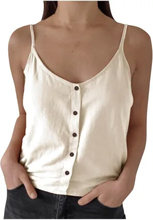 Cotton Linen Tank Tops for Women Button V Neck Spaghetti Strap Tunic Tank 2025 Loose Casual Summer Comfy Clothes