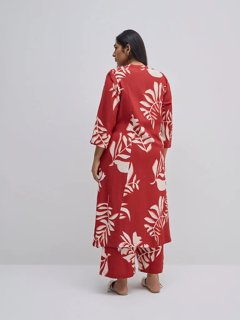Diza Red Leaf Pattern A-Line Kurta
