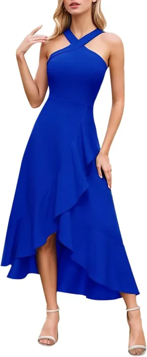 Dresses for Women 2025 Wedding Guest Halter Cocktail Dresses 2025 Summer High Low Ruffle Formal Party Midi Dress