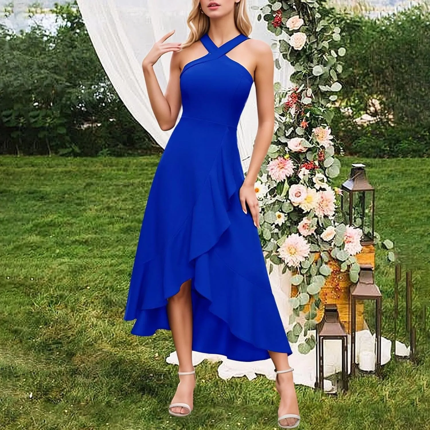 Dresses for Women 2025 Wedding Guest Halter Cocktail Dresses 2025 Summer High Low Ruffle Formal Party Midi Dress