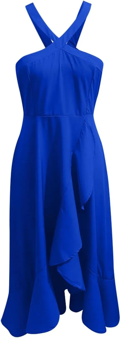 Dresses for Women 2025 Wedding Guest Halter Cocktail Dresses 2025 Summer High Low Ruffle Formal Party Midi Dress