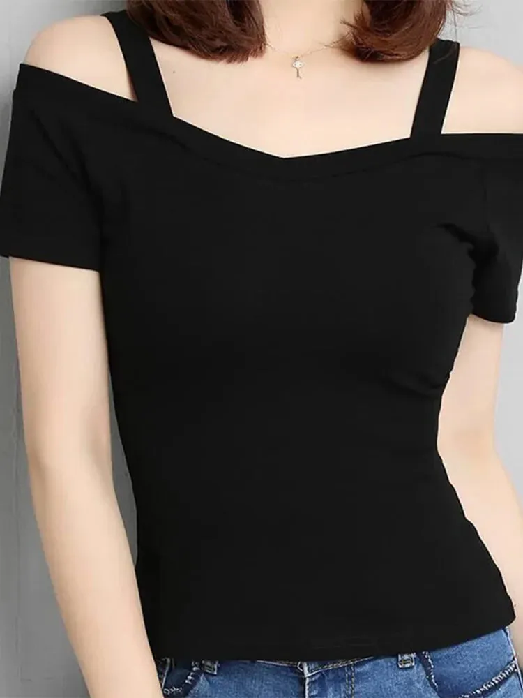 Fashion Slim V-neck Short Sleeve Tee with Sexy Shoulder Off