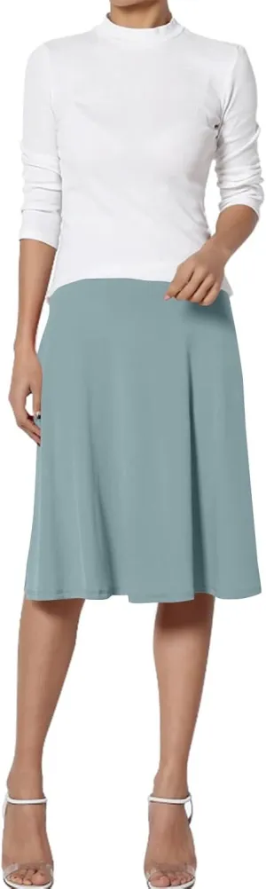 FlekmanArt Women's Basic Midi Skirt Versatile Stretchy Flared Summer Casual High Waisted Skirt Pleated A-Line Skirts