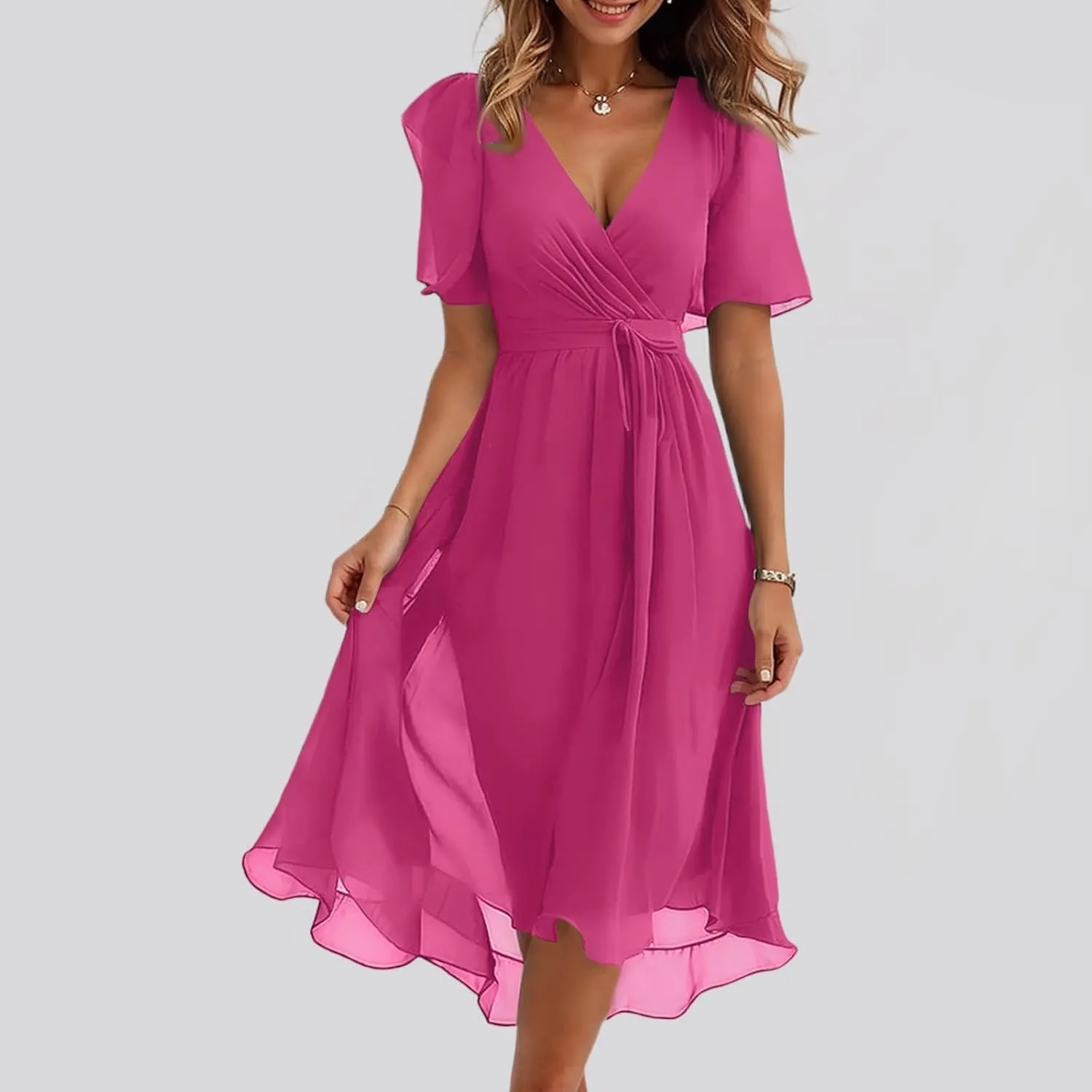 Floral Midi Cocktail Dresses for Women 2025 Elegant Classy Summer Casual Flowy Sexy Deep V Neck Belted Wrap Dress