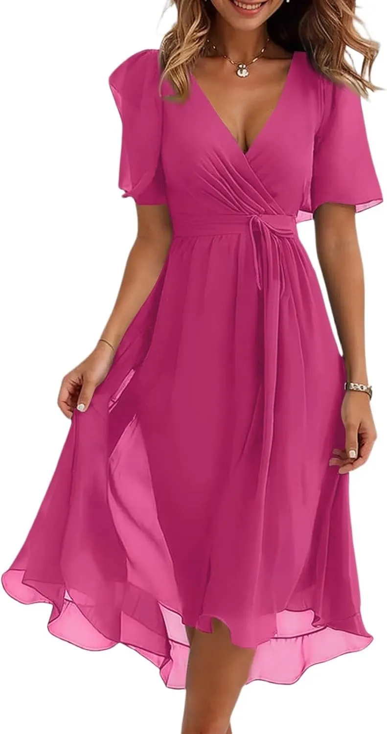 Floral Midi Cocktail Dresses for Women 2025 Elegant Classy Summer Casual Flowy Sexy Deep V Neck Belted Wrap Dress