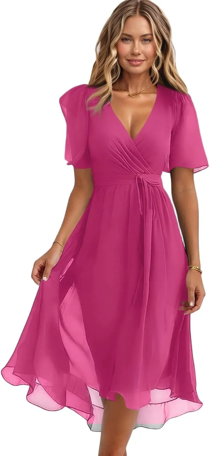 Floral Midi Cocktail Dresses for Women 2025 Elegant Classy Summer Casual Flowy Sexy Deep V Neck Belted Wrap Dress