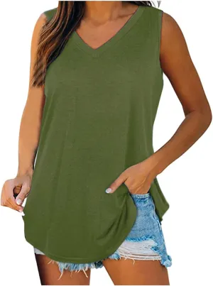 Generic Tank Tops for Women 2024 Summer V Neck Sleeveless Basic Tanks Loose Fit Flowy Shirts Casual Vacation Beach Blouses