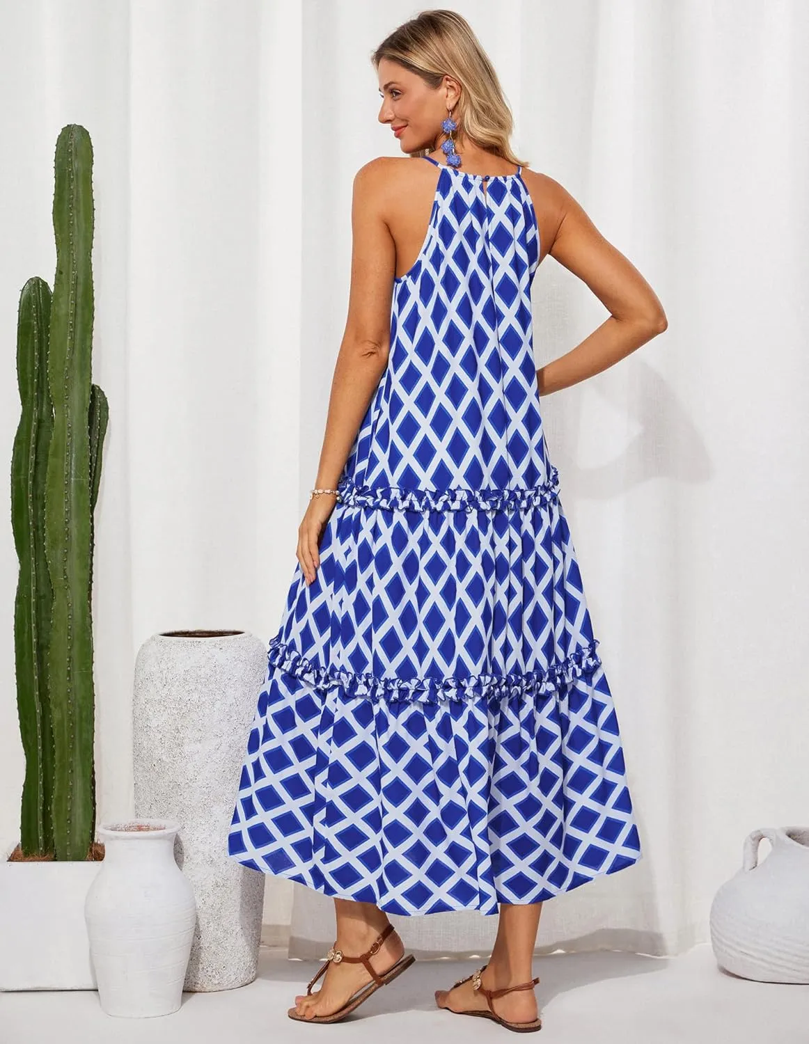 GRACE KARIN Women's Maxi Boho Dress Casual Summer Loose Long Floral Sundresses Flowy Halter Tiered Beach Vacation Outfits