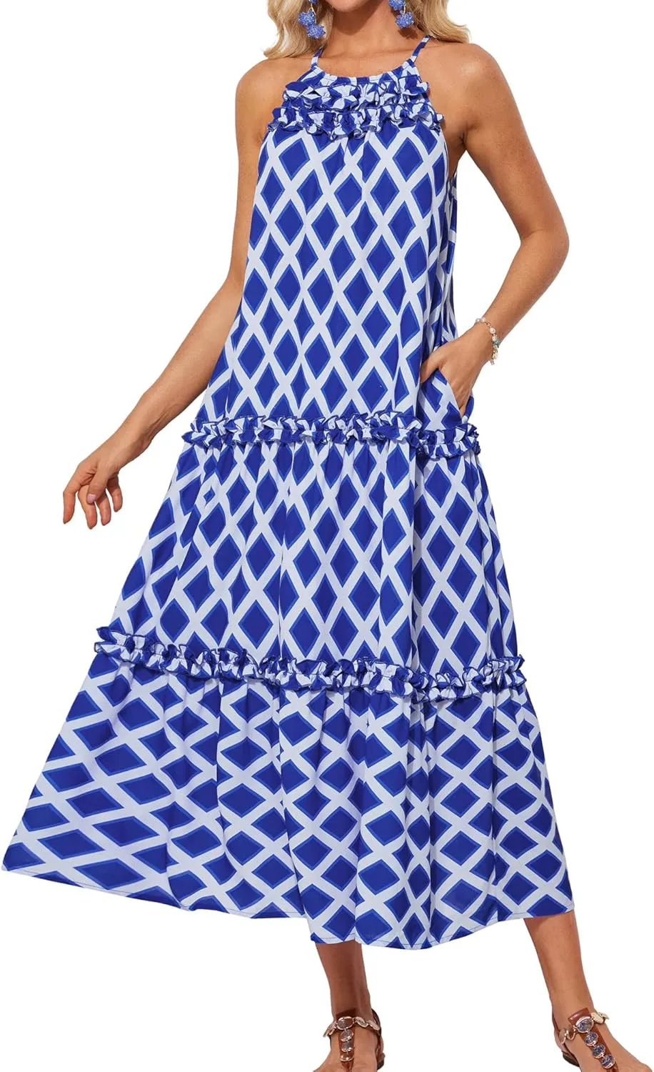 GRACE KARIN Women's Maxi Boho Dress Casual Summer Loose Long Floral Sundresses Flowy Halter Tiered Beach Vacation Outfits