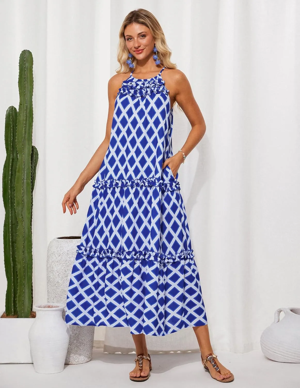 GRACE KARIN Women's Maxi Boho Dress Casual Summer Loose Long Floral Sundresses Flowy Halter Tiered Beach Vacation Outfits