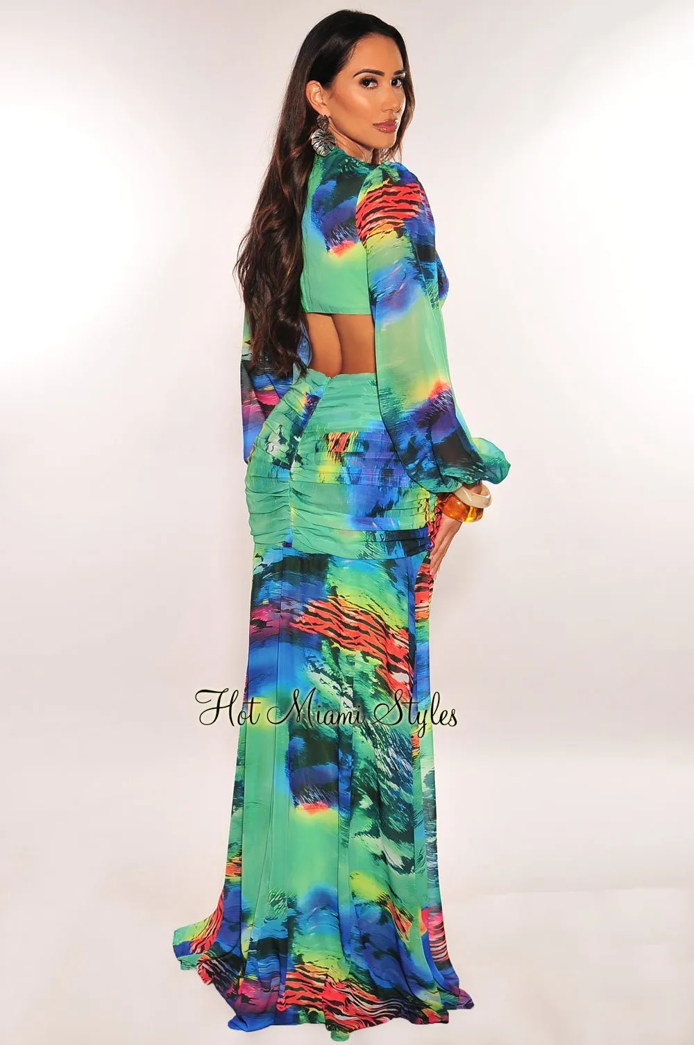 Green Multi Color Long Sleeve Cut Out Rhinestone O Ring Ruched Drape Slit Maxi Dress