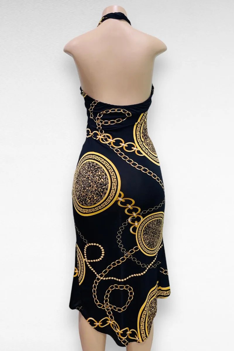 Halter Gold Print Dress