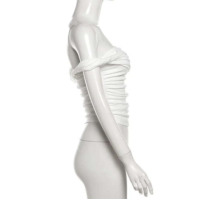 Irregular off shoulder ruched solid top