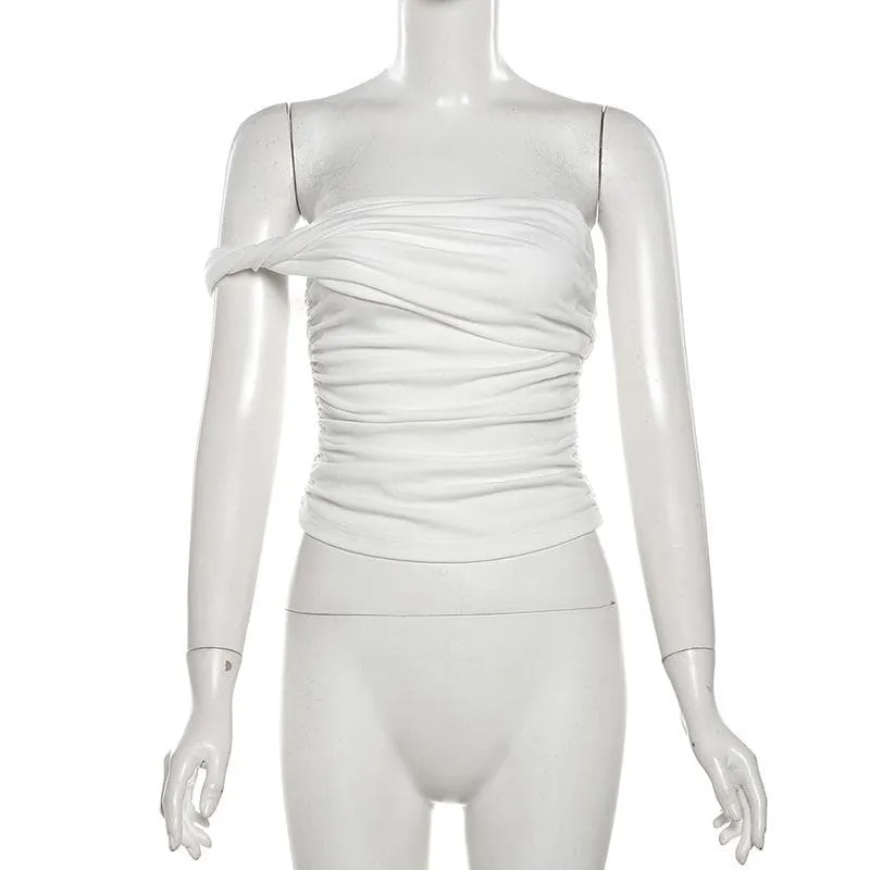 Irregular off shoulder ruched solid top