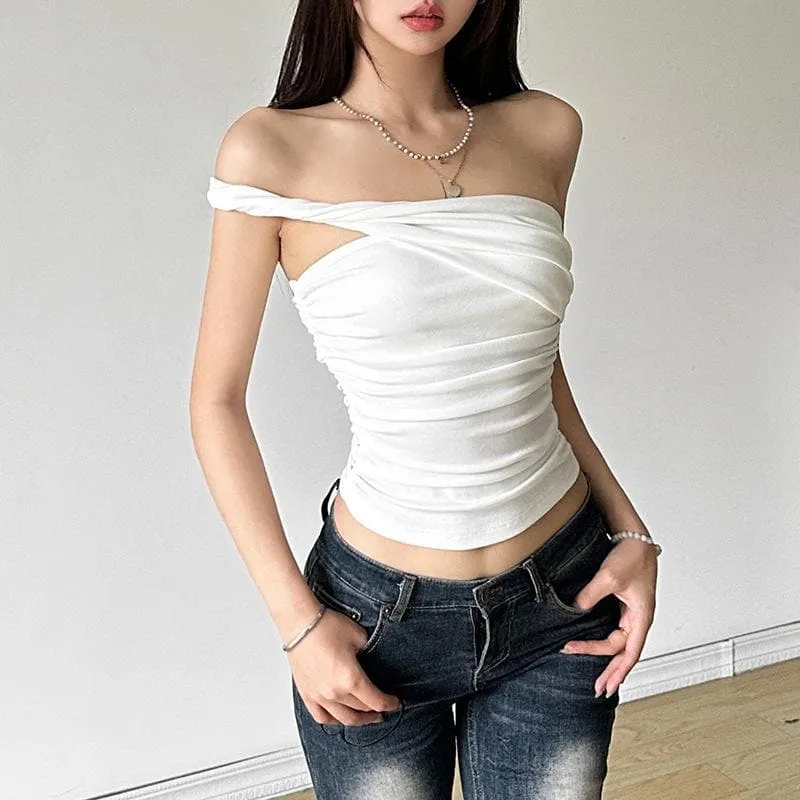 Irregular off shoulder ruched solid top