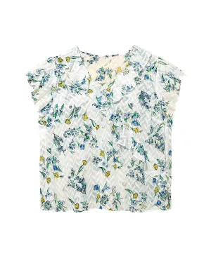Janet Faux-Wrap Ruffle Blouse | White / Royal Blue