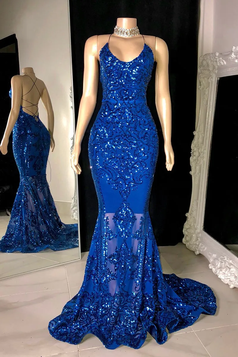 kamahe Gorgeous Halter V-Neck Sleeveless Mermaid Prom Dresses Sequins Long
