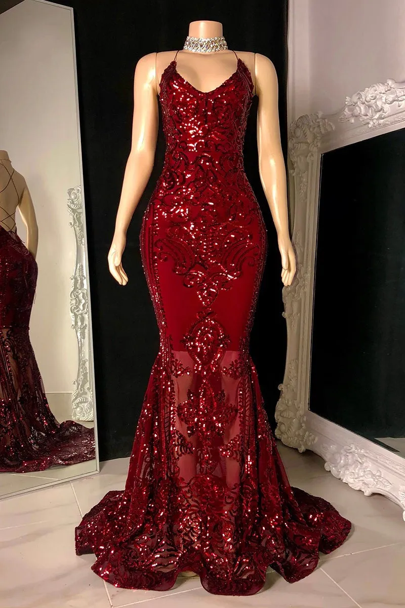 kamahe Gorgeous Halter V-Neck Sleeveless Mermaid Prom Dresses Sequins Long