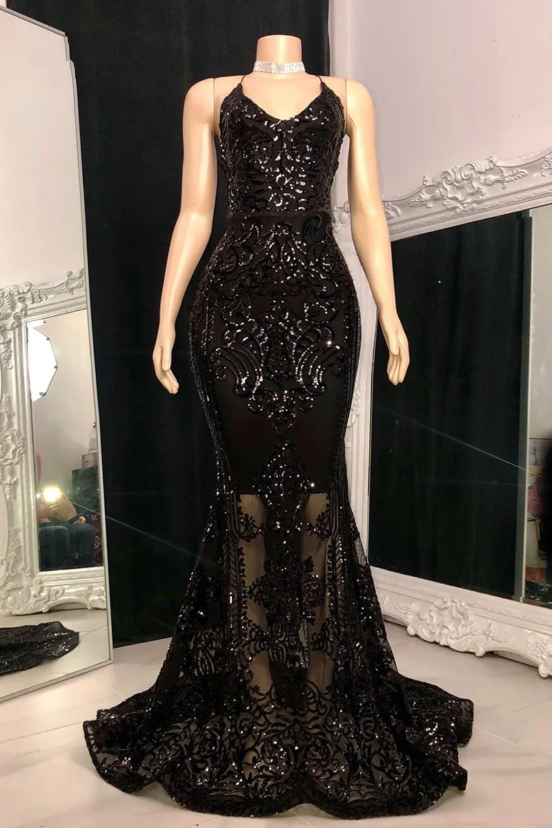 kamahe Gorgeous Halter V-Neck Sleeveless Mermaid Prom Dresses Sequins Long