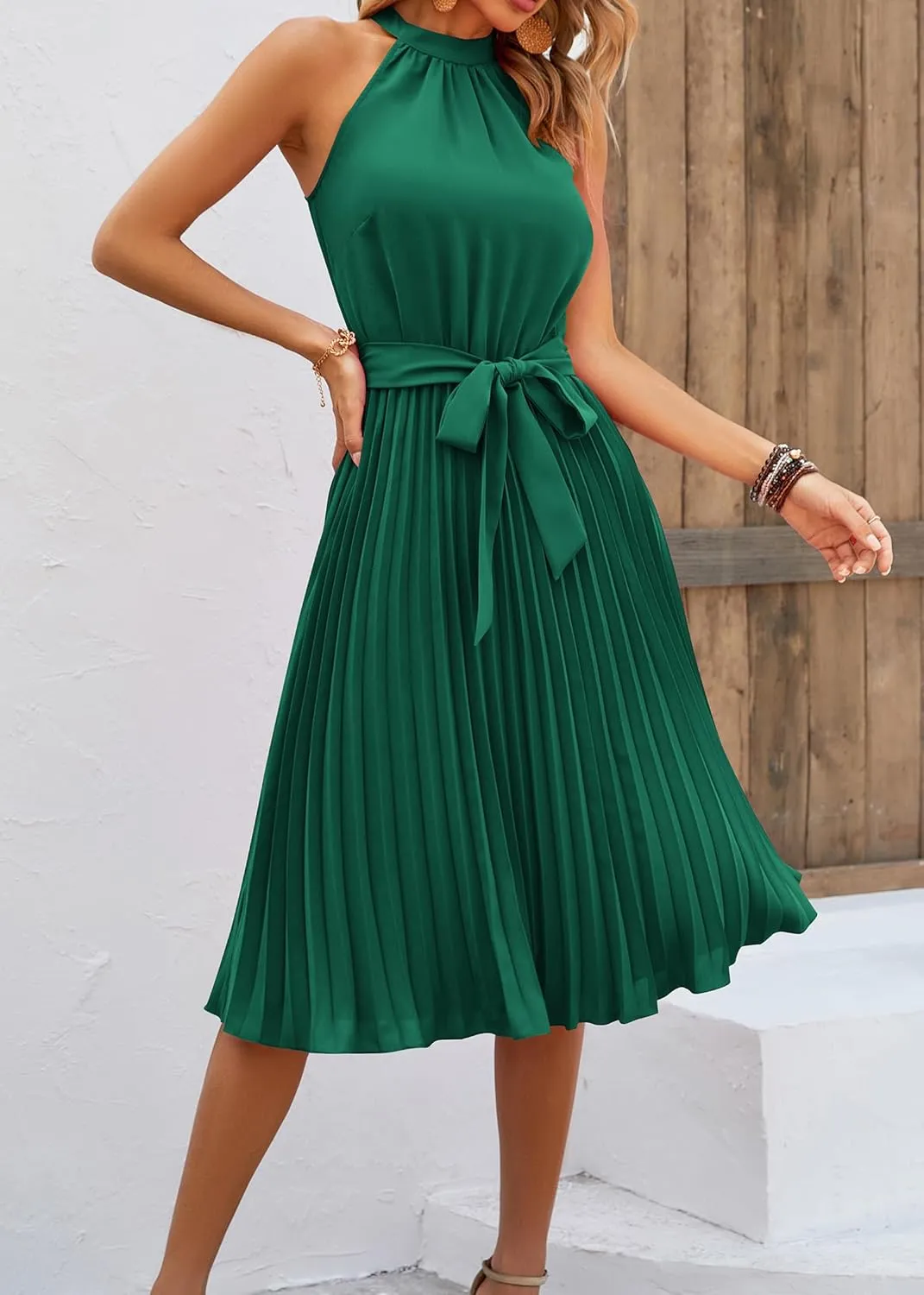 KIRUNDO Women's 2025 Summer Sleeveless Halter Neck Pleated Midi Cocktail Dresses A Line Flowy Beach Sun Dress with Belt