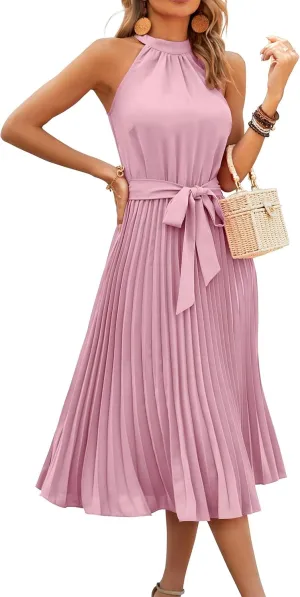 KIRUNDO Women's 2025 Summer Sleeveless Halter Neck Pleated Midi Cocktail Dresses A Line Flowy Beach Sun Dress with Belt