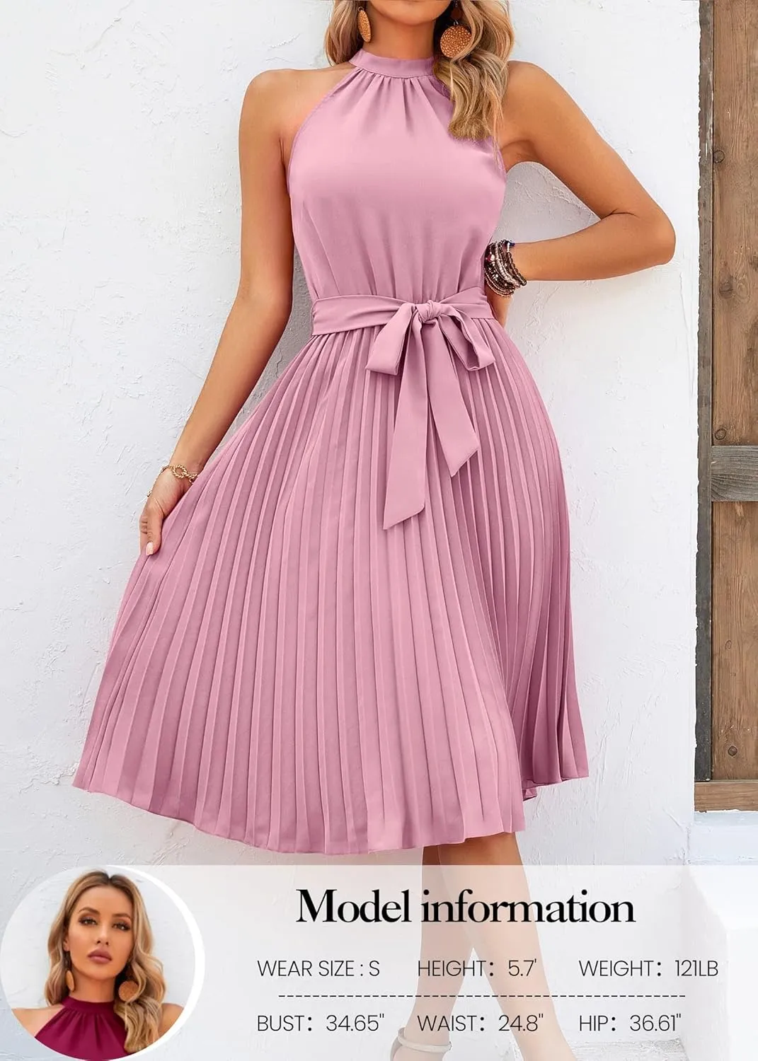 KIRUNDO Women's 2025 Summer Sleeveless Halter Neck Pleated Midi Cocktail Dresses A Line Flowy Beach Sun Dress with Belt