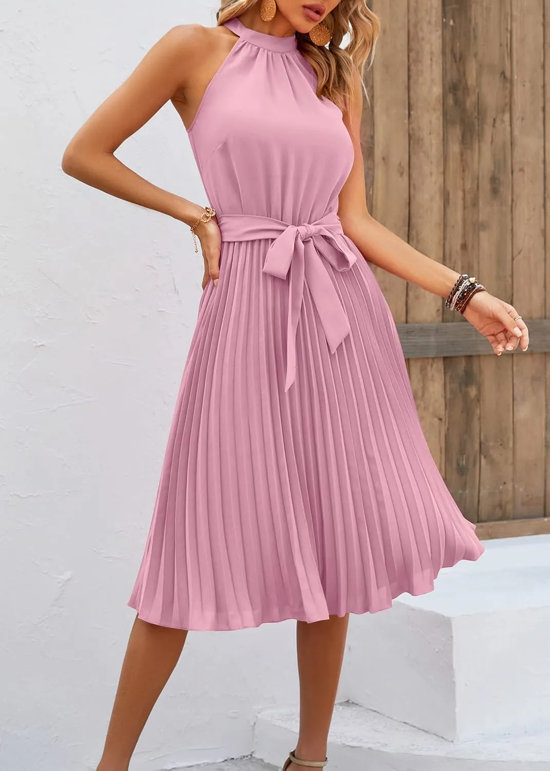KIRUNDO Women's 2025 Summer Sleeveless Halter Neck Pleated Midi Cocktail Dresses A Line Flowy Beach Sun Dress with Belt