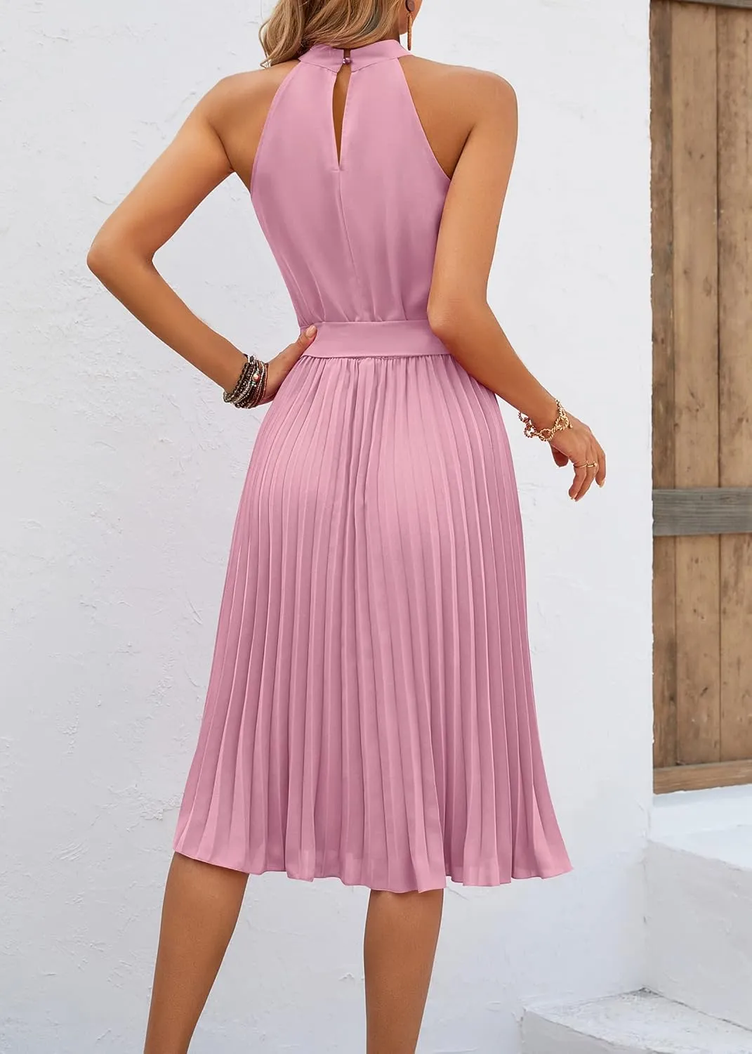 KIRUNDO Women's 2025 Summer Sleeveless Halter Neck Pleated Midi Cocktail Dresses A Line Flowy Beach Sun Dress with Belt